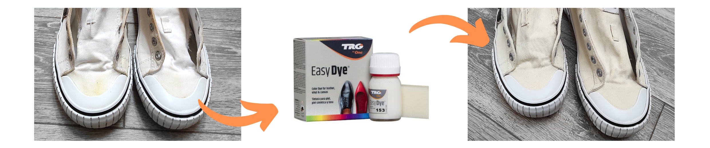 Bílá barva na plátěné tenisky easy dye 153 Off white trg the one fotky před a po nabarvení flekatých tenisek doma